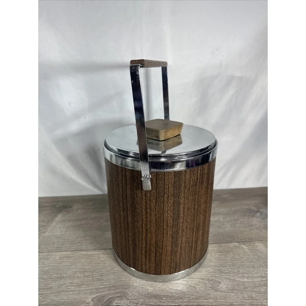 Vintage MCM 1960s Kromex Ice Bucket Faux Wood Grain and Chrome